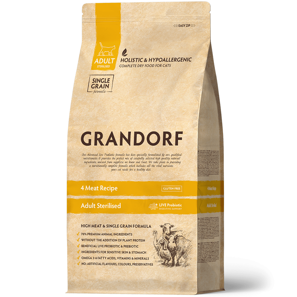 Grandorf Probiotic Low Grain Adult Sterilised 4 Meat Recipe — Сухой низкозерновой корм для стерилизованных кошек с четырьмя видами мяса,400гр.