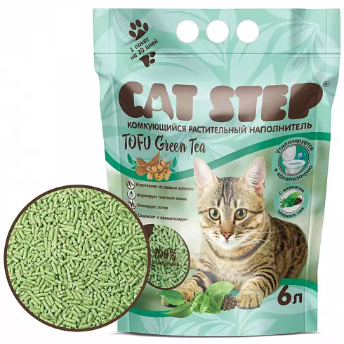 Cat Step Tofu Green Tea - растительный комкующийся наполнитель с ароматом зеленого чая,6л.