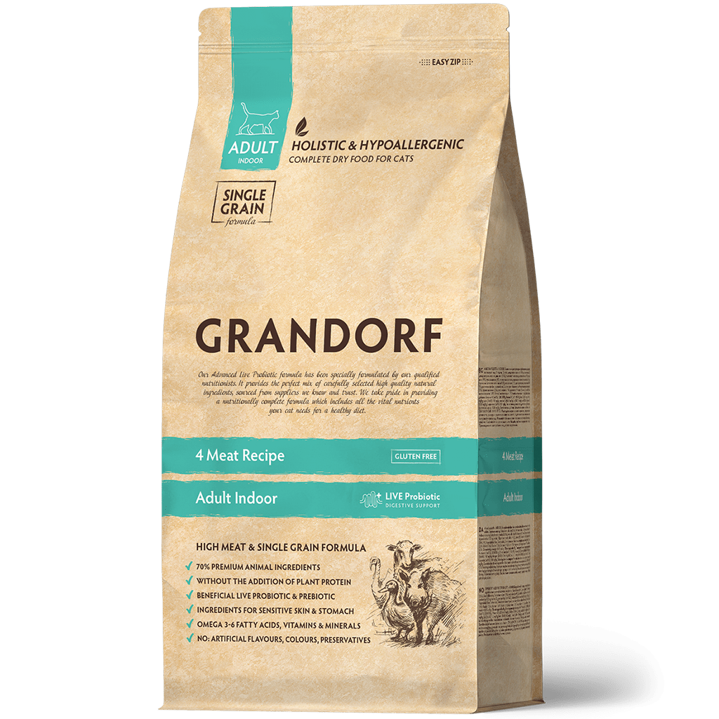 Grandorf Probiotic Adult Indoor 4 Meat Recipe — Сухой корм для взрослых домашних кошек от 1-го года с четырьмя видами мяса,400гр.