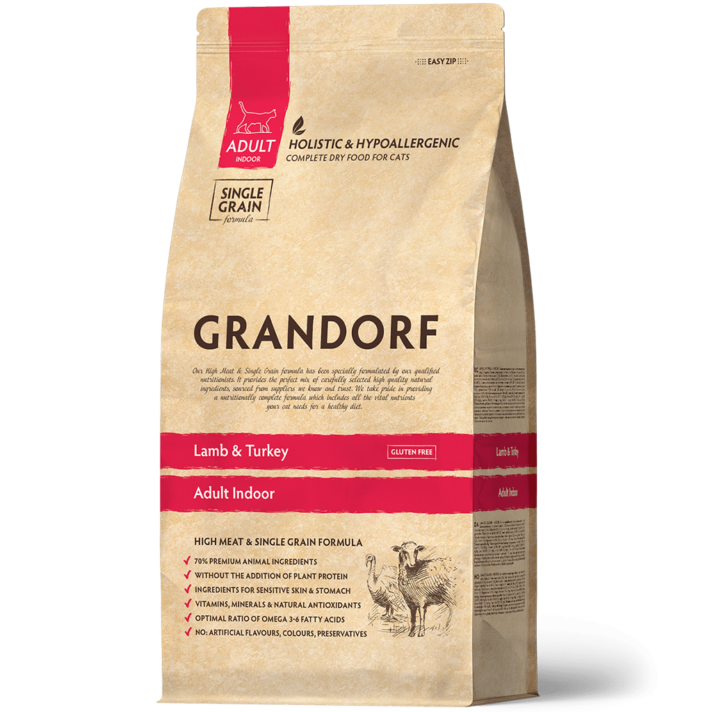 Grandorf Low Grain Adult Indoor Lamb&Turkey — Сухой низкозерновой корм для взрослых домашних кошек с ягненком и индейкой,400гр.