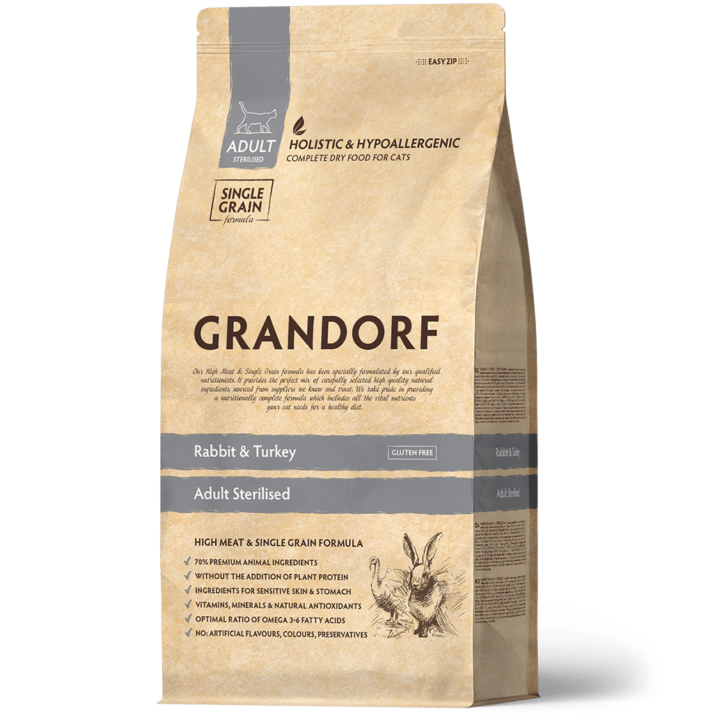 Grandorf Low Grain Adult Sterilised Rabbit&Turkey — Сухой низкозерновой корм для стерилизованных кошек с кроликом и индейкой,400гр.